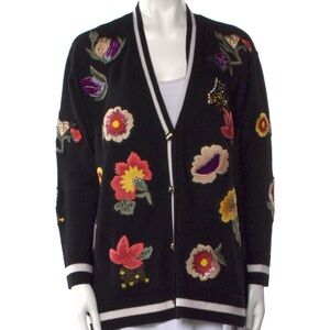Alice + Olivia Floral Embroidered Black Cardigan Sweater
